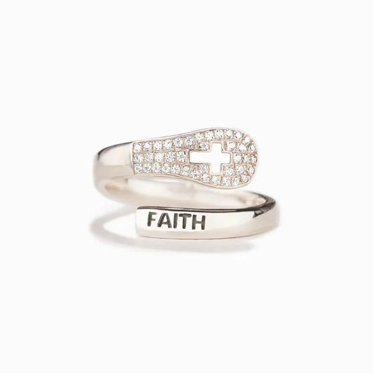 Inel de familie creștină realizat manual „FAITH” din zircon și argint 925